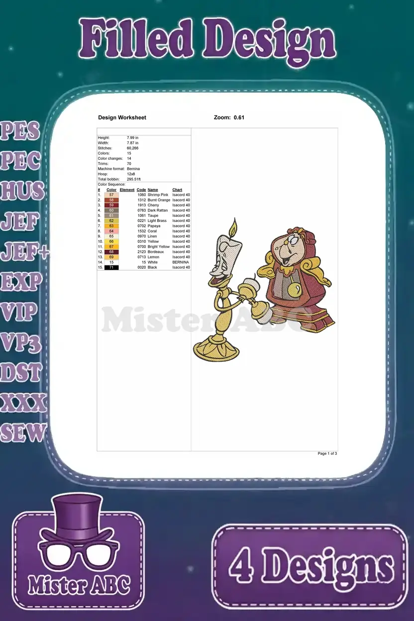 Design worksheet for the third filled embroidery design of Cogsworth and Lumiere, with technical specifications.