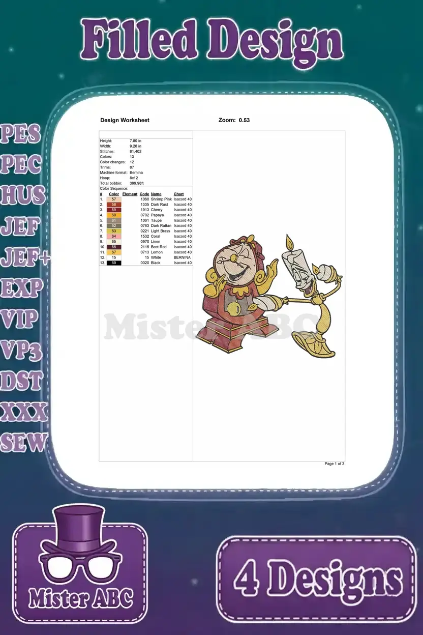 Design worksheet for the fourth filled embroidery design of Cogsworth and Lumiere, with all technical data.