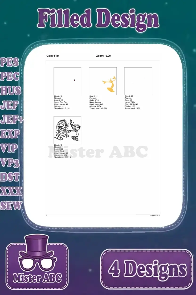 Final page of the color film for the fourth Cogsworth and Lumiere embroidery, completing the design process.