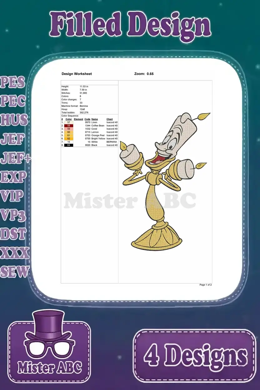 Detailed design worksheet for the first Lumiere embroidery, showing dimensions, stitch count, and thread colors.