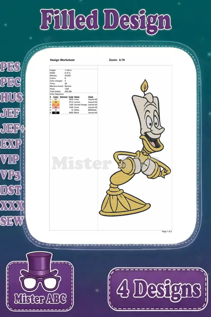 Comprehensive design worksheet for the second Lumiere embroidery, detailing size, stitch count, and thread palette.