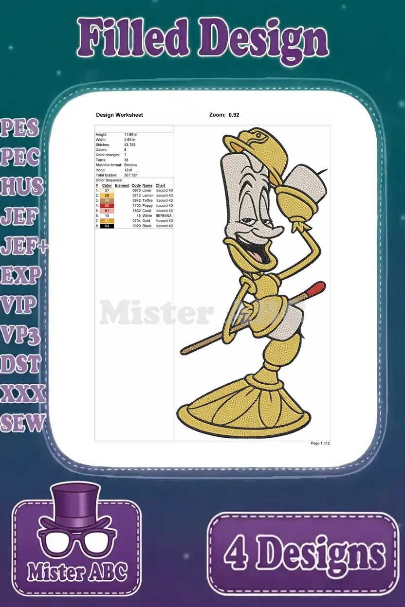 Detailed design worksheet for the third Lumiere embroidery, listing technical specifications and thread color chart.