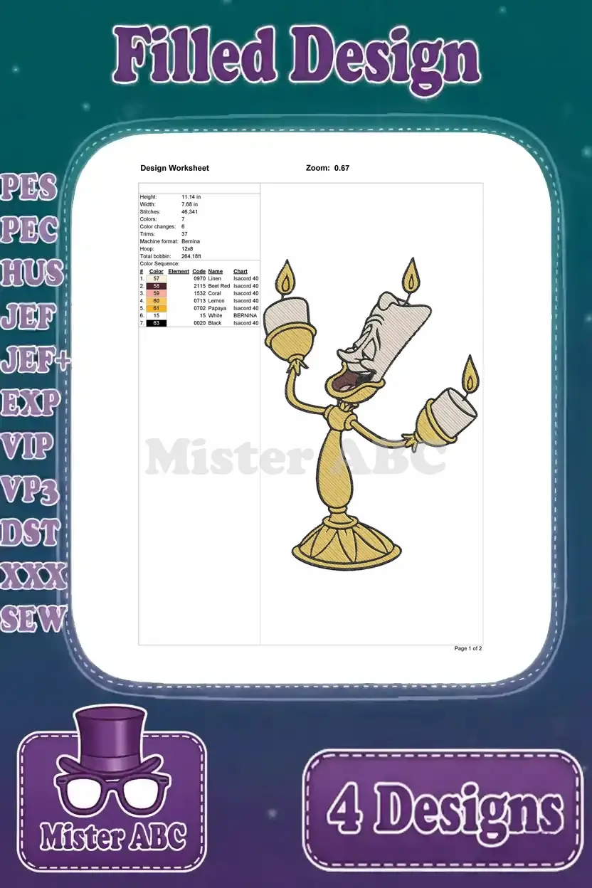 Final design worksheet for the fourth Lumiere embroidery, providing all essential stitching and color information.