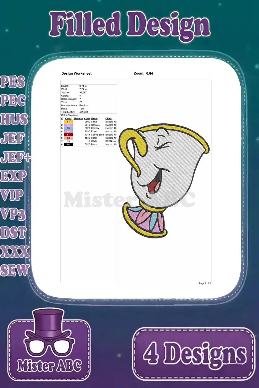 Detailed design worksheet for the first Chip embroidery design, showing thread colors, stitch count, and size.