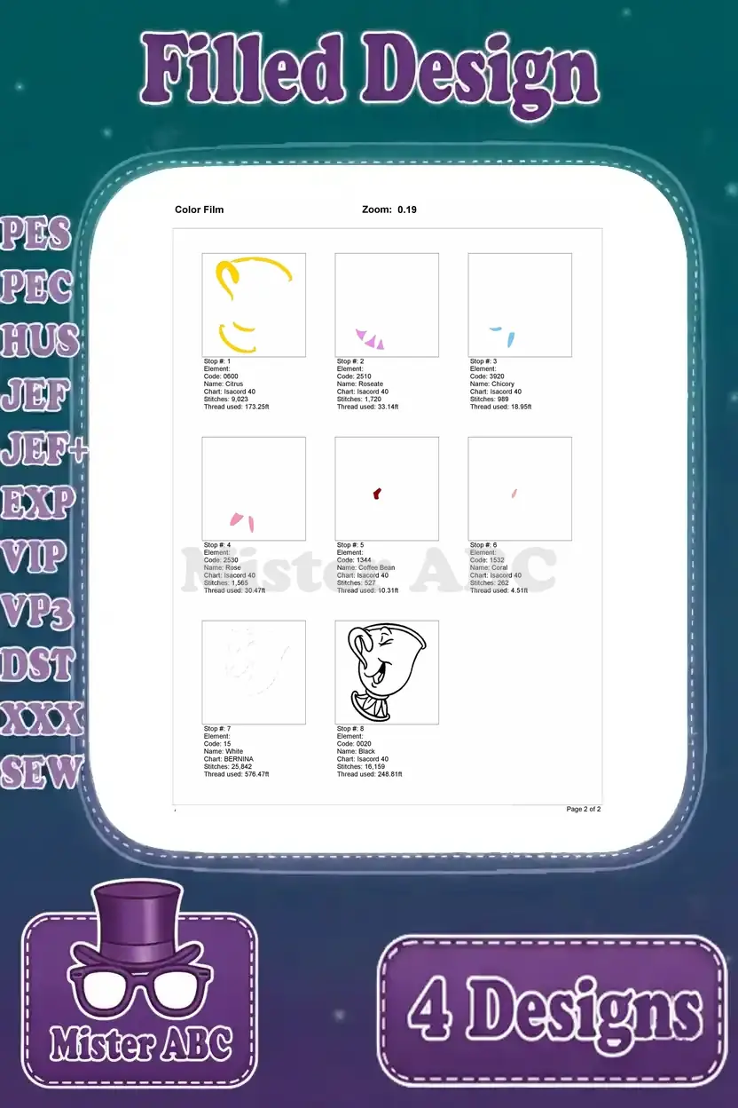 Color film breakdown for the first Chip embroidery design, illustrating the stitching sequence layer by layer.