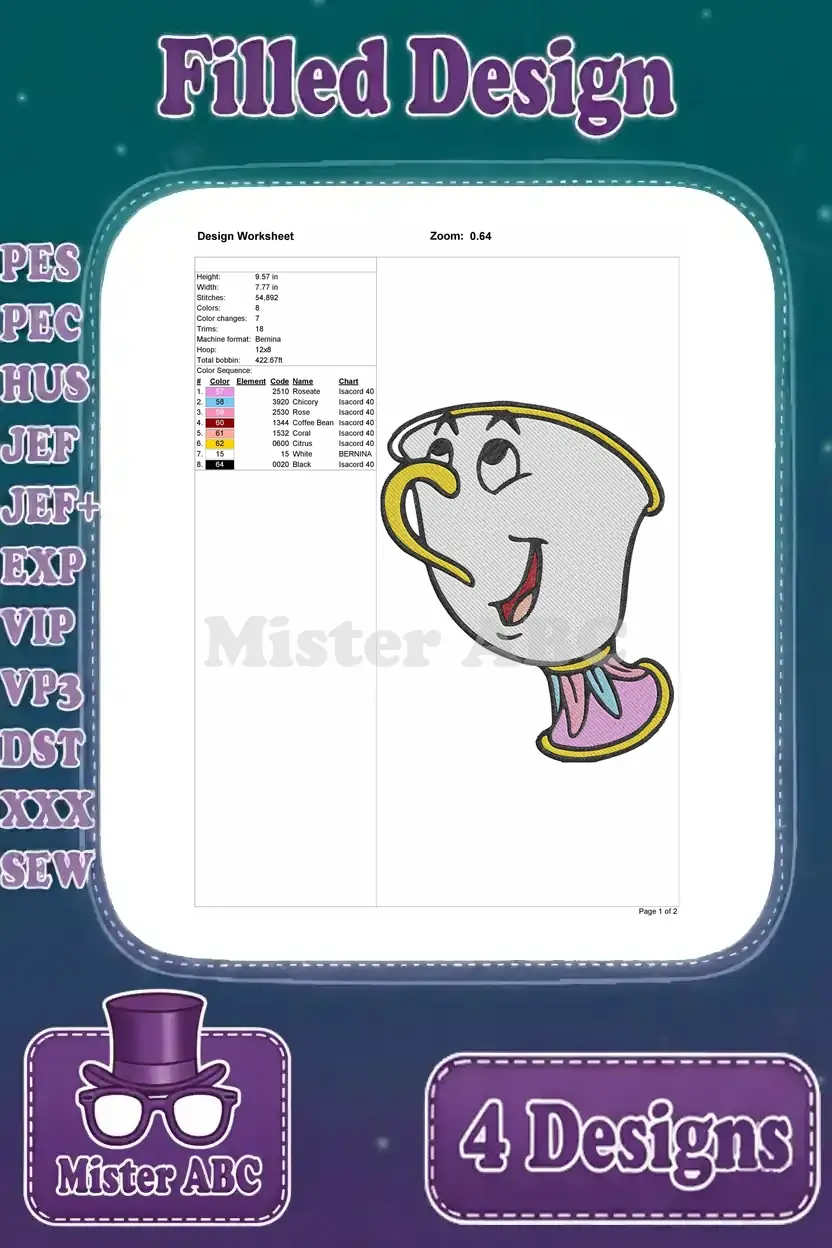 Design worksheet detailing specifications for the second Chip embroidery design, including dimensions and colors.
