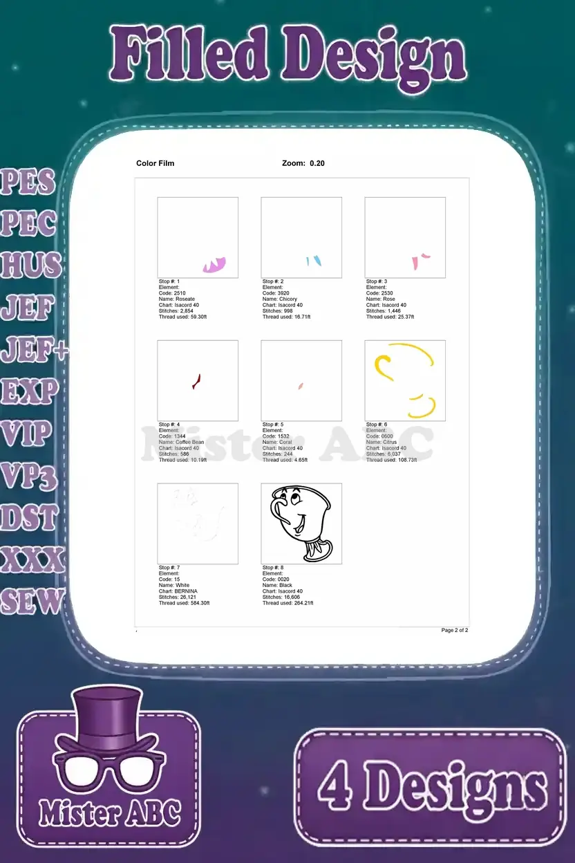 Color film analysis for the second Chip embroidery design, showing the progression of colors and stitches.