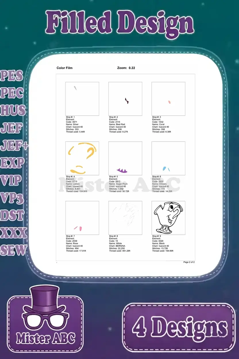 Color film breakdown for the fourth Chip embroidery design, illustrating the step-by-step stitching process.