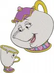 Disney Beauty Beast Chip Teacup Blowing Bubbles With Mrs Potts Mother Son - Filled Embroidery Design - 1204