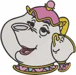 Disney Beauty Beast Mrs Potts And Chip Teapot Teacup Pouring Tea Together Designs - Filled Embroidery Design - 1206