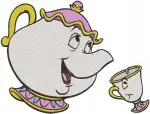 Disney Beauty Beast Mrs Potts And Chip Teapot Teacup Pouring Tea Together Designs - Filled Embroidery Design - 1209