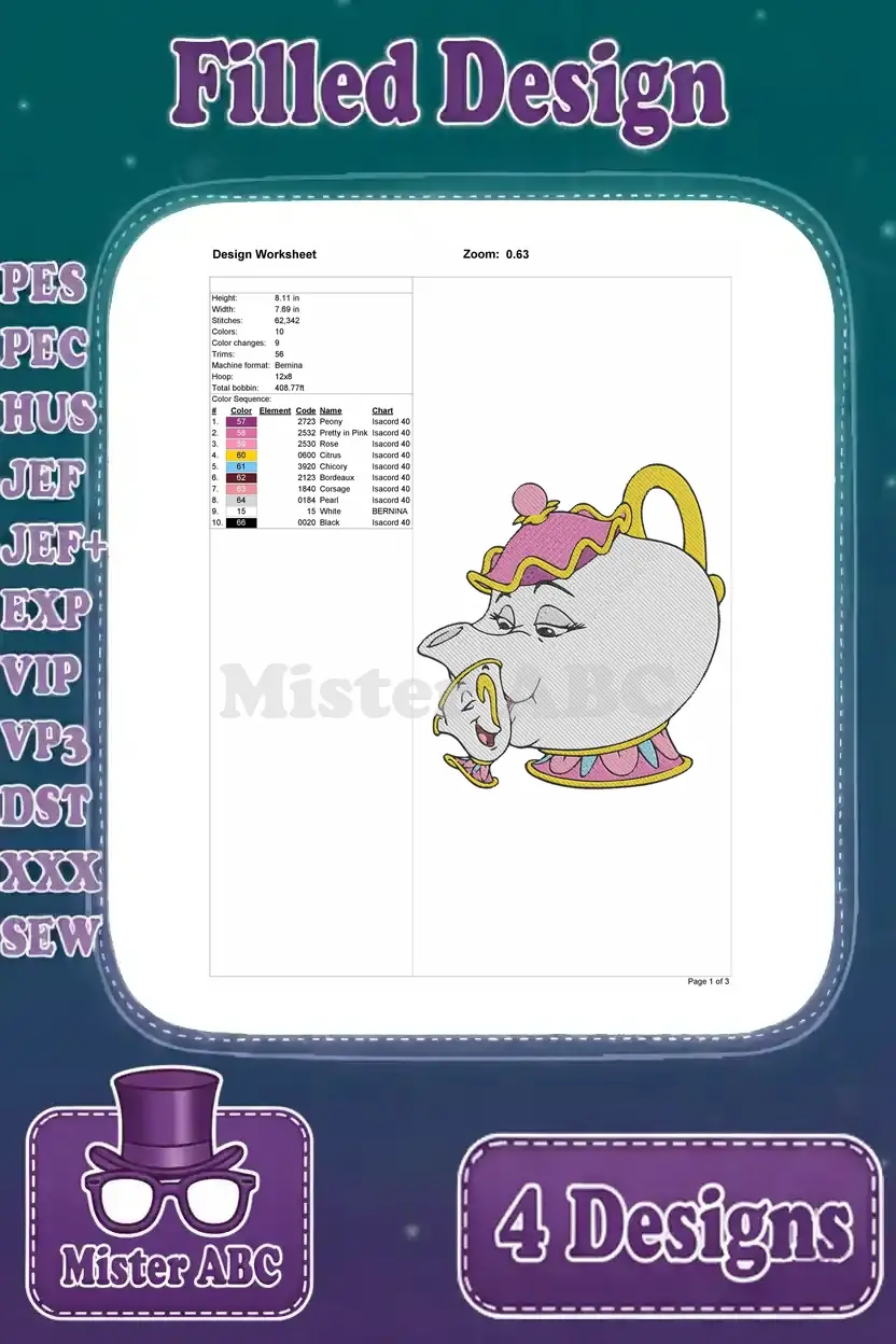 Detailed design worksheet for the filled embroidery of Mrs. Potts and Chip, showing stitch count and color chart.