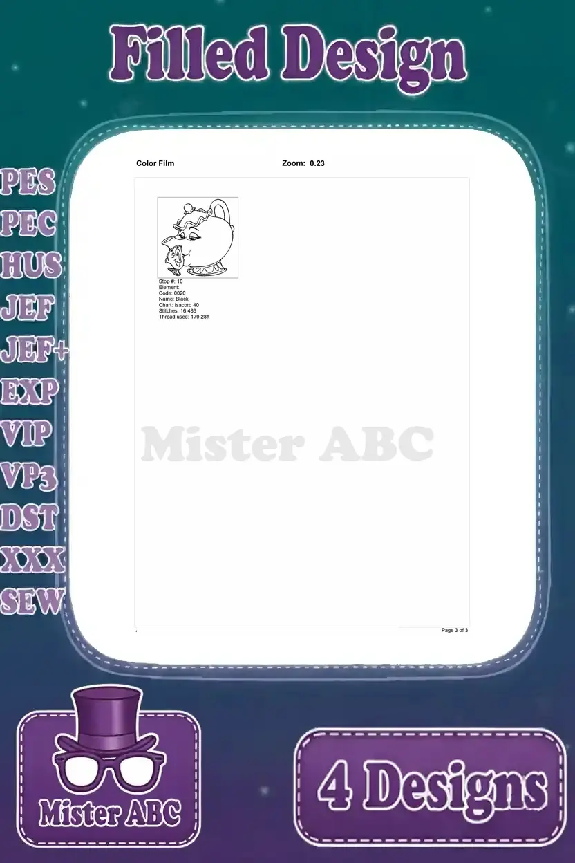 Color film page 3 for Mrs. Potts and Chip embroidery, showing the final stitch sequence outline.