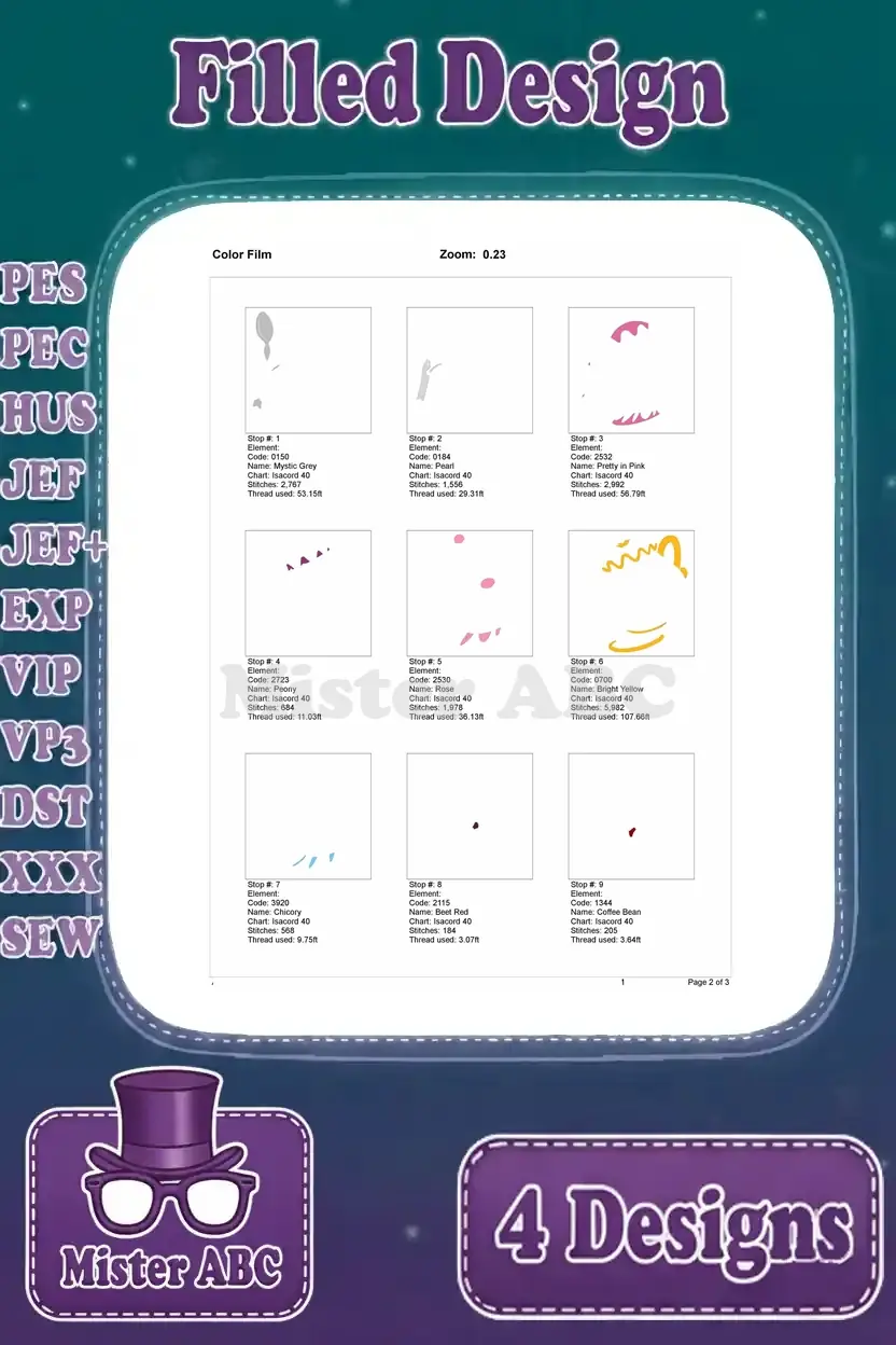 First page of the color film for the Mrs. Potts with spoon design, showing initial embroidery steps.