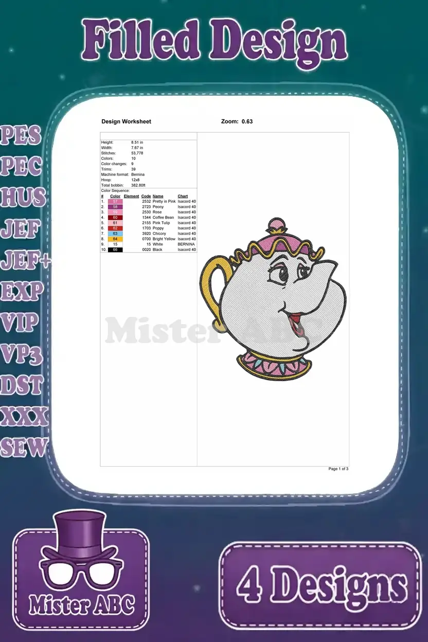 Design worksheet for the third Mrs. Potts embroidery design, detailing dimensions, stitch count, and thread chart.
