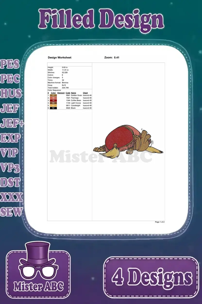 Design worksheet for Mama Odie's red pincushion hat embroidery design, detailing dimensions, stitch count, colors, and thread sequences.