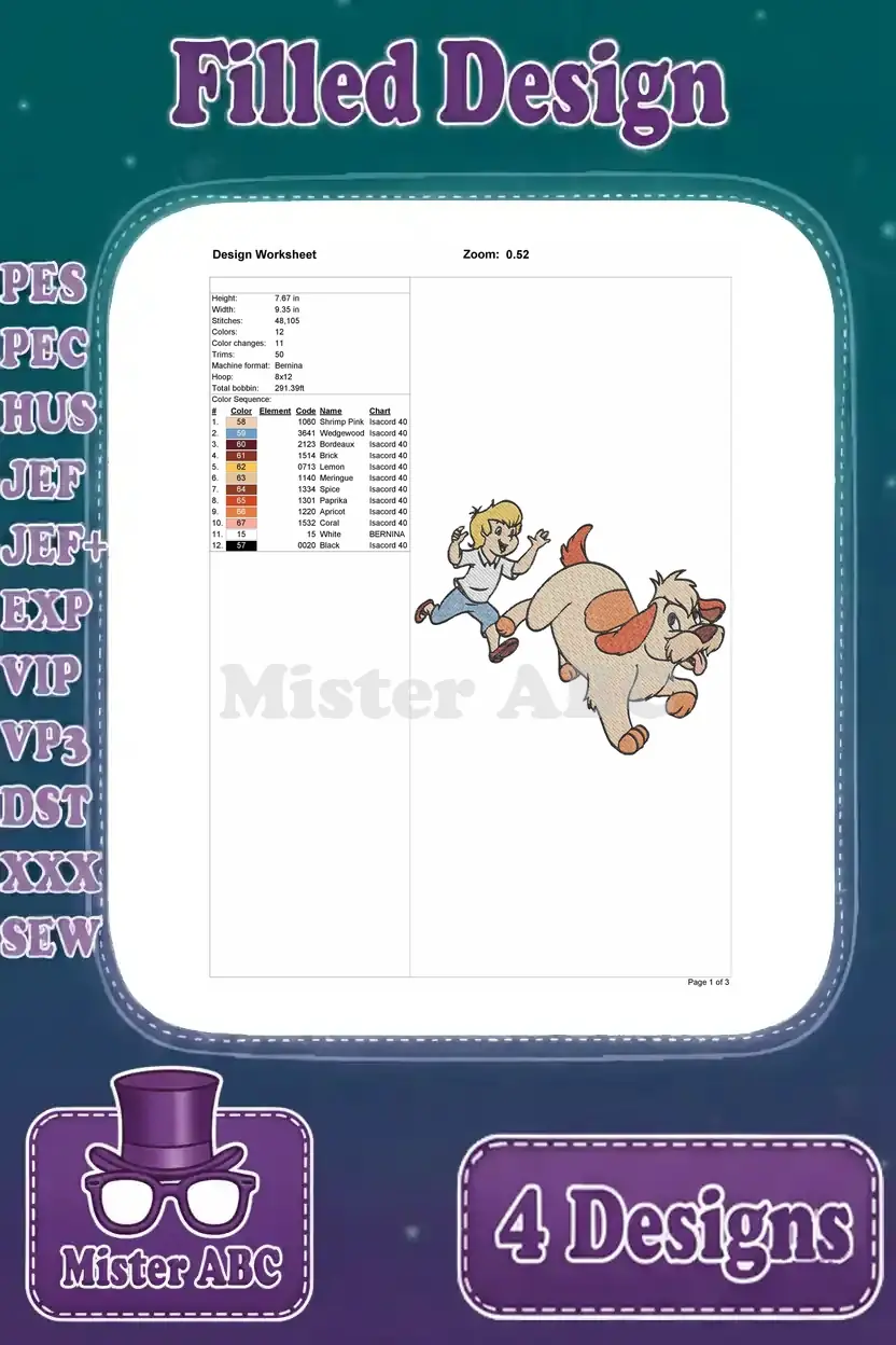 Design worksheet for the Michael Darling and Nana running embroidery, showing size, stitch count, and color sequence details.