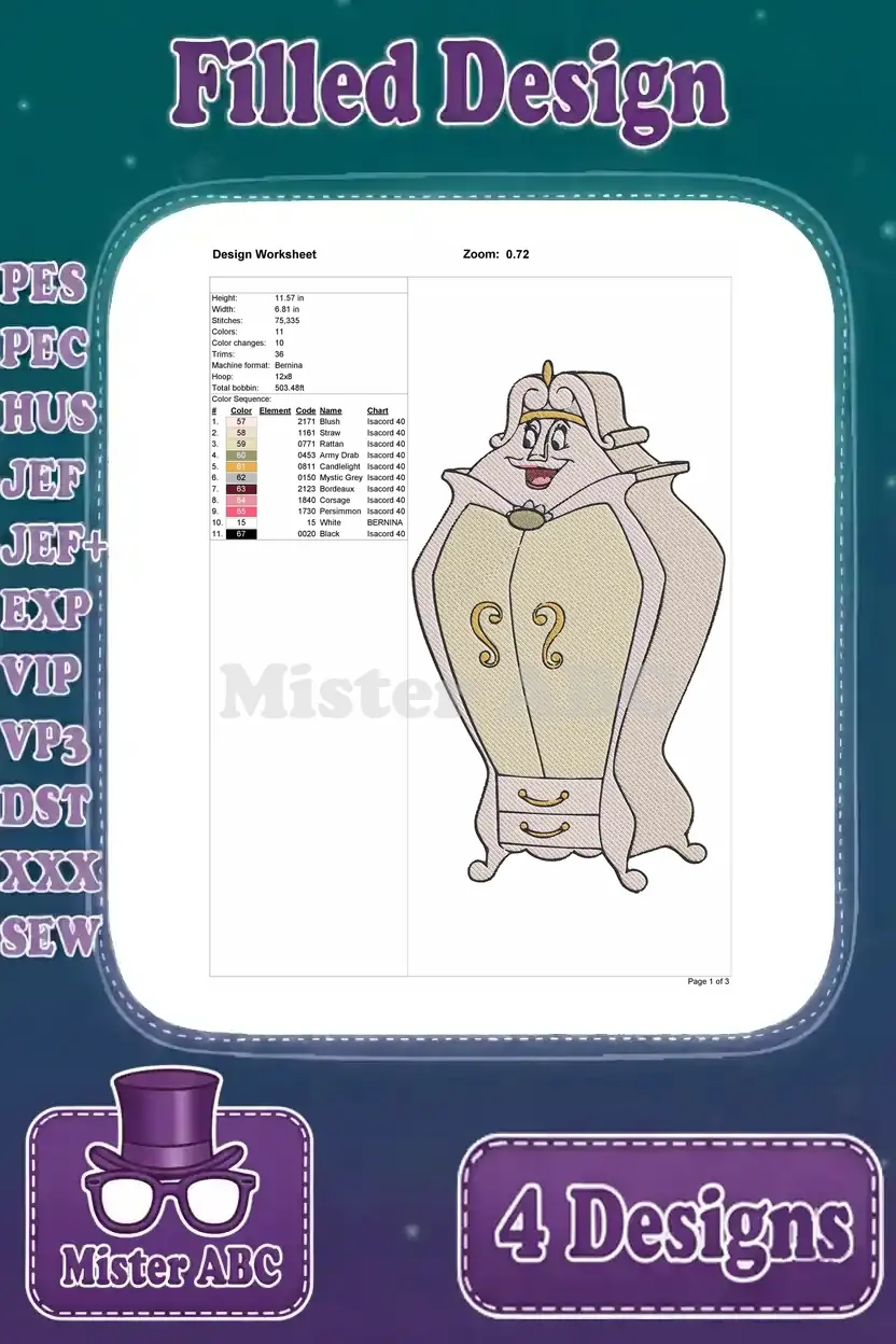Design worksheet for the first Madame de Garderobe embroidery, detailing dimensions, stitch count, and color sequences.