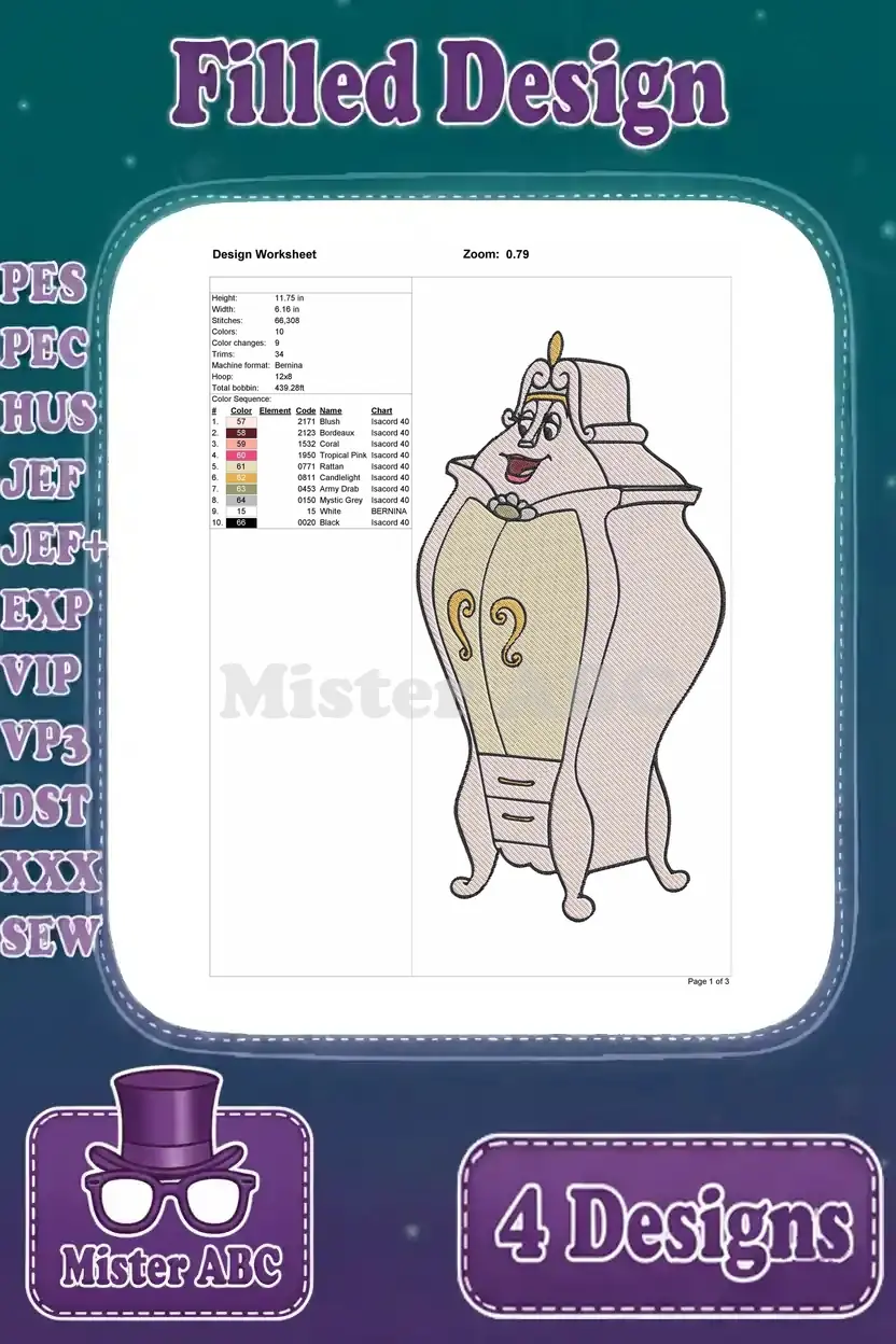Design worksheet for the second Madame de Garderobe embroidery, detailing dimensions, stitch count, and color sequences.
