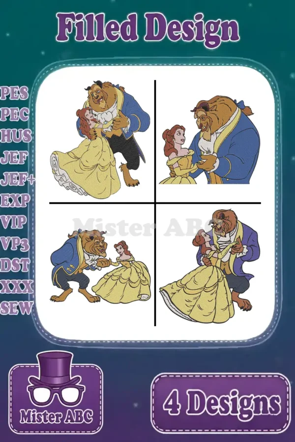 A collection of four filled embroidery designs showing Belle and Beast in various romantic poses, ready for digital download.