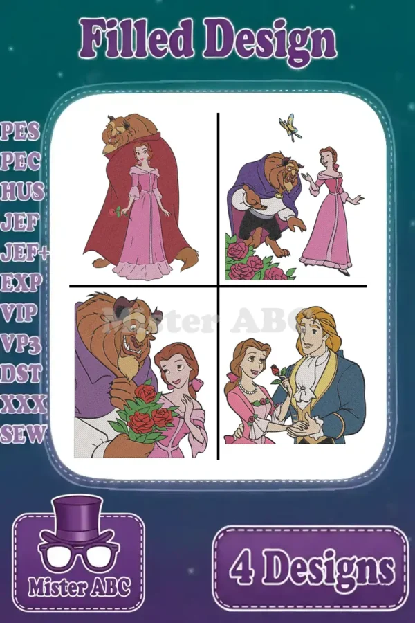 Four vibrant filled embroidery designs featuring Belle and Beast in various romantic scenes, showcasing stitch compatibility.