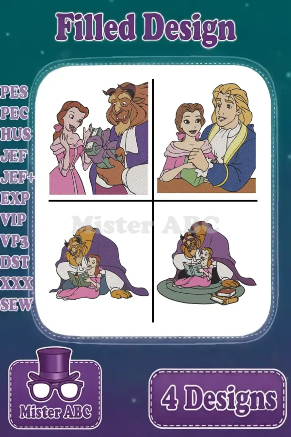 A collage of four vibrant filled embroidery designs featuring Belle and Beast in various charming scenes, showcasing multiple formats.