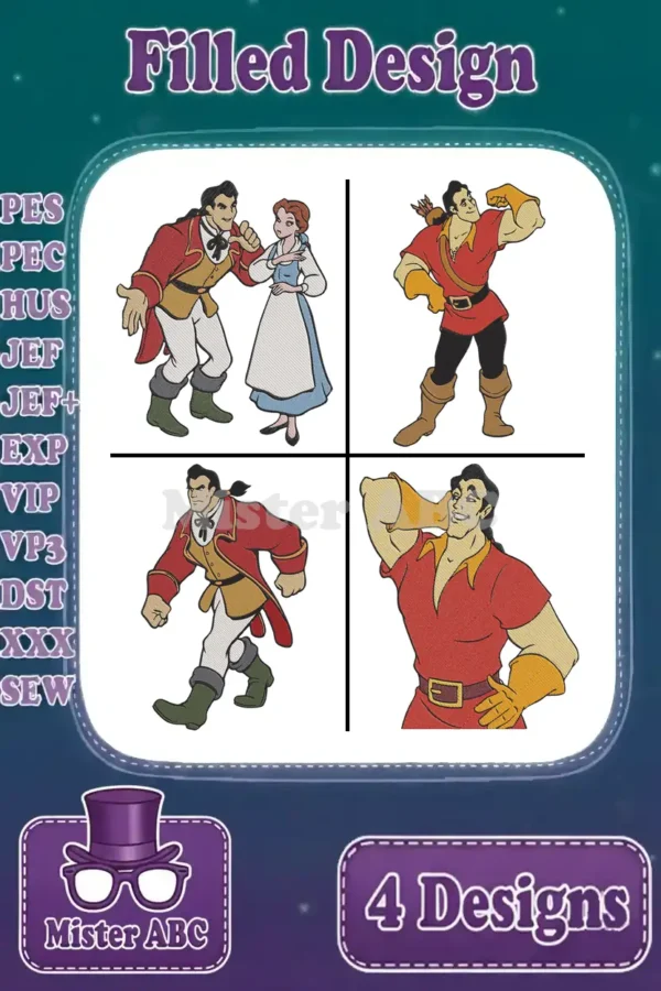 Four vibrant filled embroidery designs featuring Gaston and Belle from Beauty and the Beast in various iconic poses.