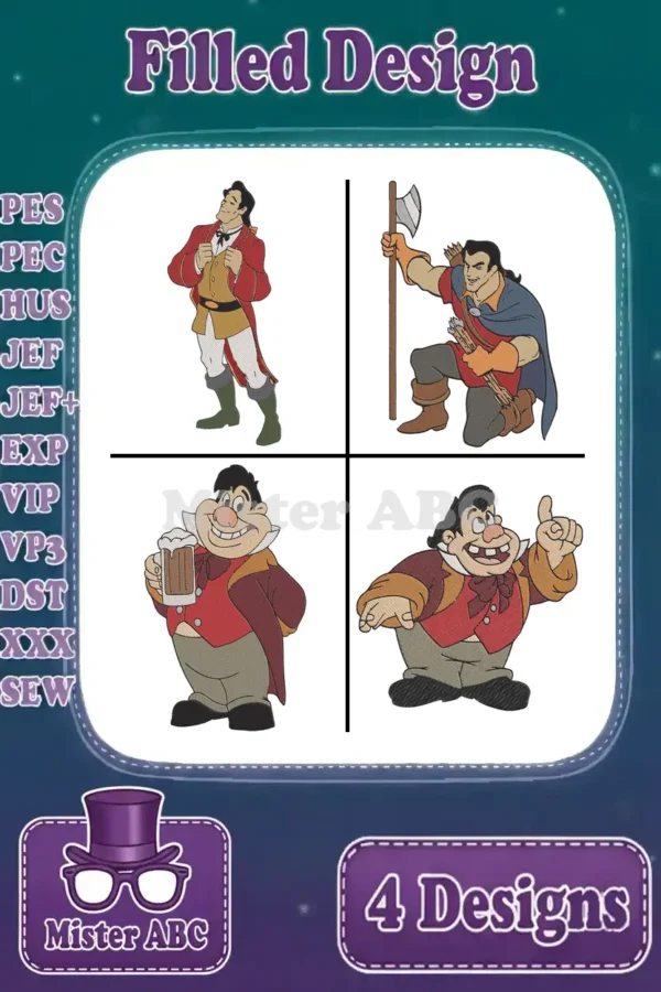 Four vibrant filled embroidery designs featuring Disney's Gaston and LeFou in various iconic poses.