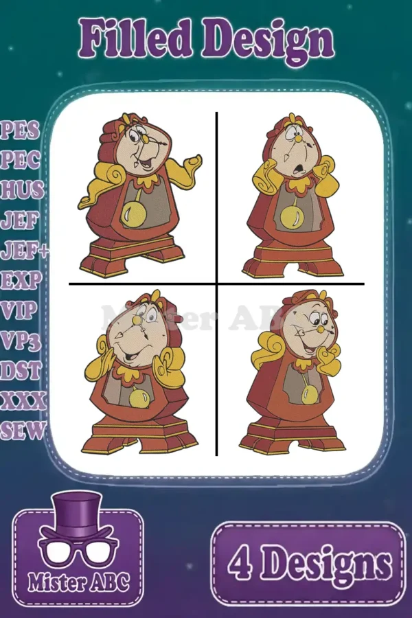 A collage showing four distinct Cogsworth filled embroidery designs, along with supported file formats (PES, JEF, DST).