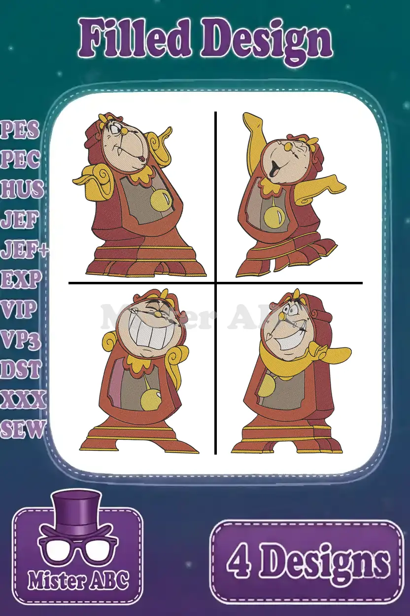 Four vibrant, filled embroidery designs of Cogsworth from Beauty and the Beast in various expressive poses.