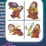 Disney Beauty Beast Cogsworth Clock With Platter Cape Wine Glass Butler Poses Designs - Filled Embroidery Design - Instant Download