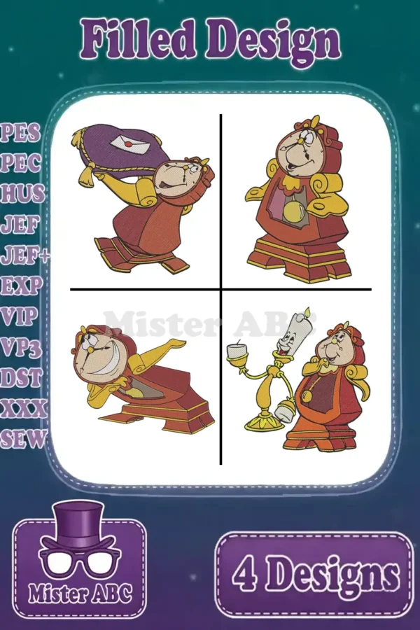 Four vibrant filled embroidery designs of Cogsworth and Lumiere from Beauty and the Beast, showcasing intricate details. Ideal for Disney enthusiasts and crafters.