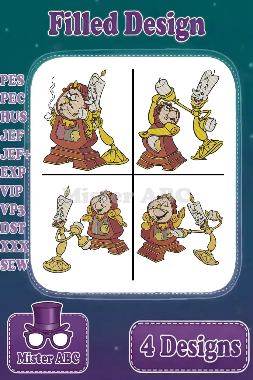 Four vibrant filled embroidery designs of Cogsworth and Lumiere in various classic poses, ready for stitching.