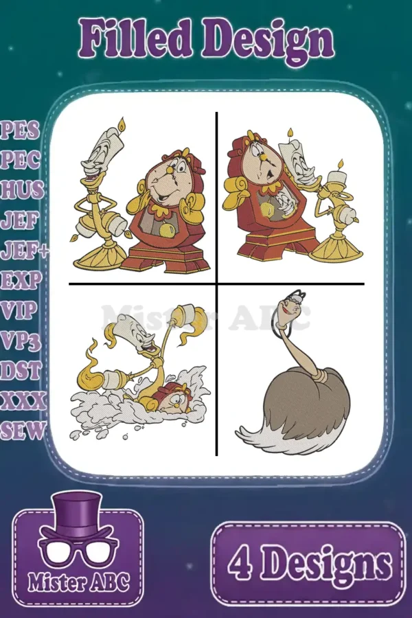 A vibrant display of four filled embroidery designs featuring Lumiere, Cogsworth, and Plumette from Beauty and the Beast.