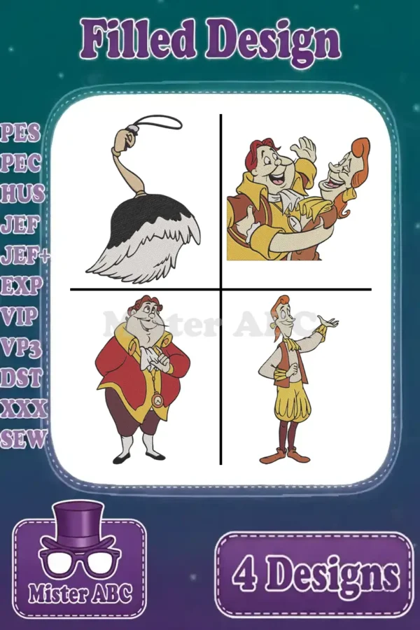 A vibrant main image featuring four distinct filled embroidery designs: Plumette, Gaston & LeFou, Maurice, and a villager.