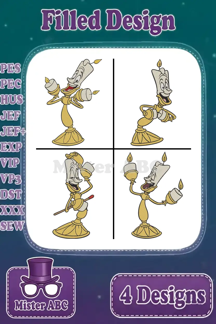 Four vibrant filled embroidery designs of Lumiere in various poses, showcasing a versatile Disney character bundle.