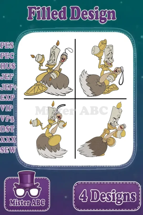 A collage of four vibrant Lumiere filled embroidery designs, showcasing different poses of the beloved candelabra.