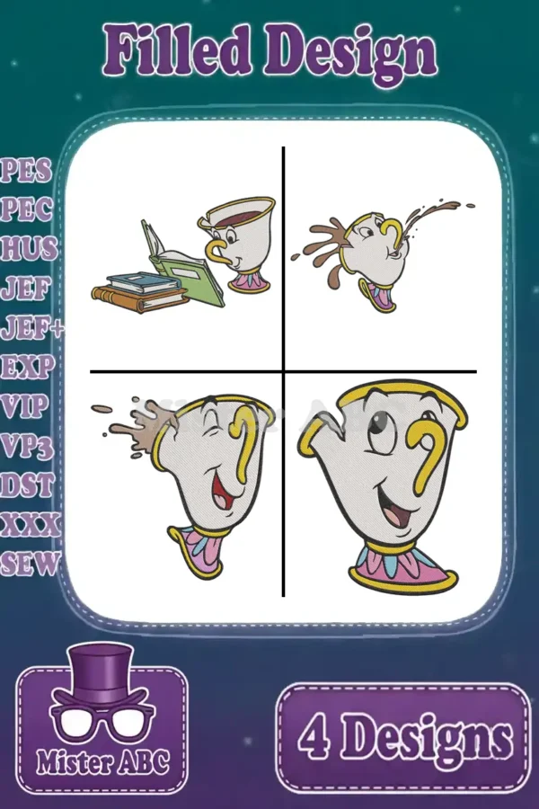 Four vibrant Chip embroidery designs from Beauty and the Beast, showcasing different expressions and poses, ready for digital download.