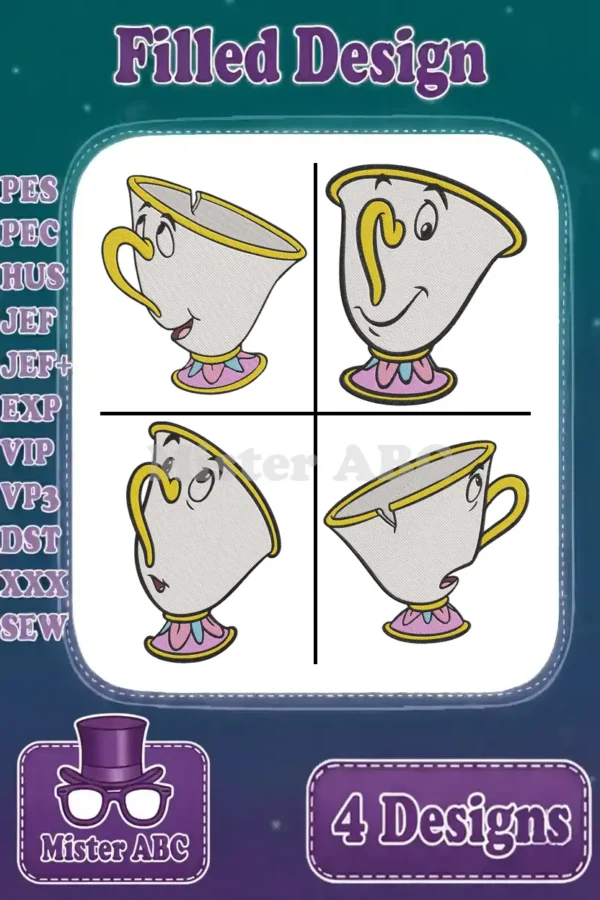 A vibrant collage of four unique Chip the teacup filled embroidery designs, ready for various machine formats.