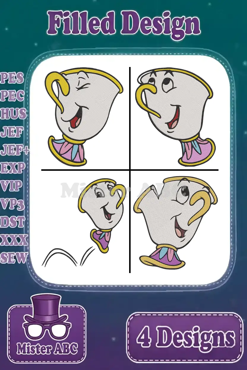 Four charming Chip the teacup embroidery designs from Beauty and the Beast, perfect for various projects.