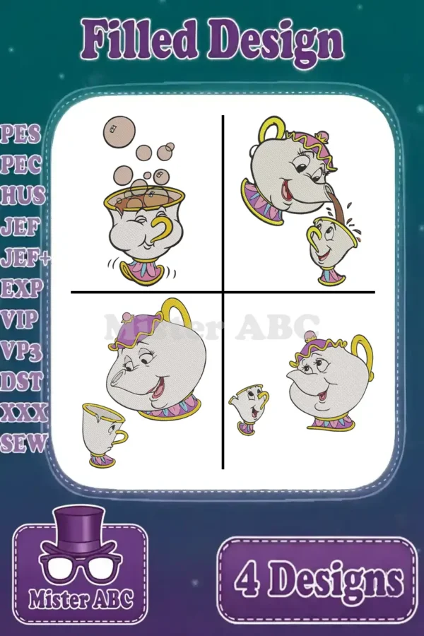 Main image displaying four distinct filled embroidery designs of Mrs. Potts and Chip, ready for various projects.