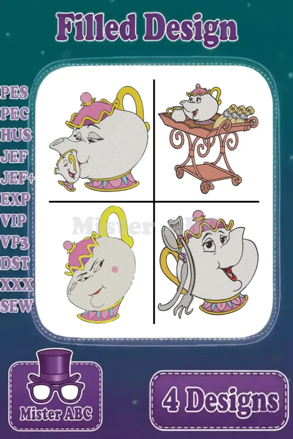 A vibrant collage showcasing four filled embroidery designs of Mrs. Potts and Chip, ready for various projects.