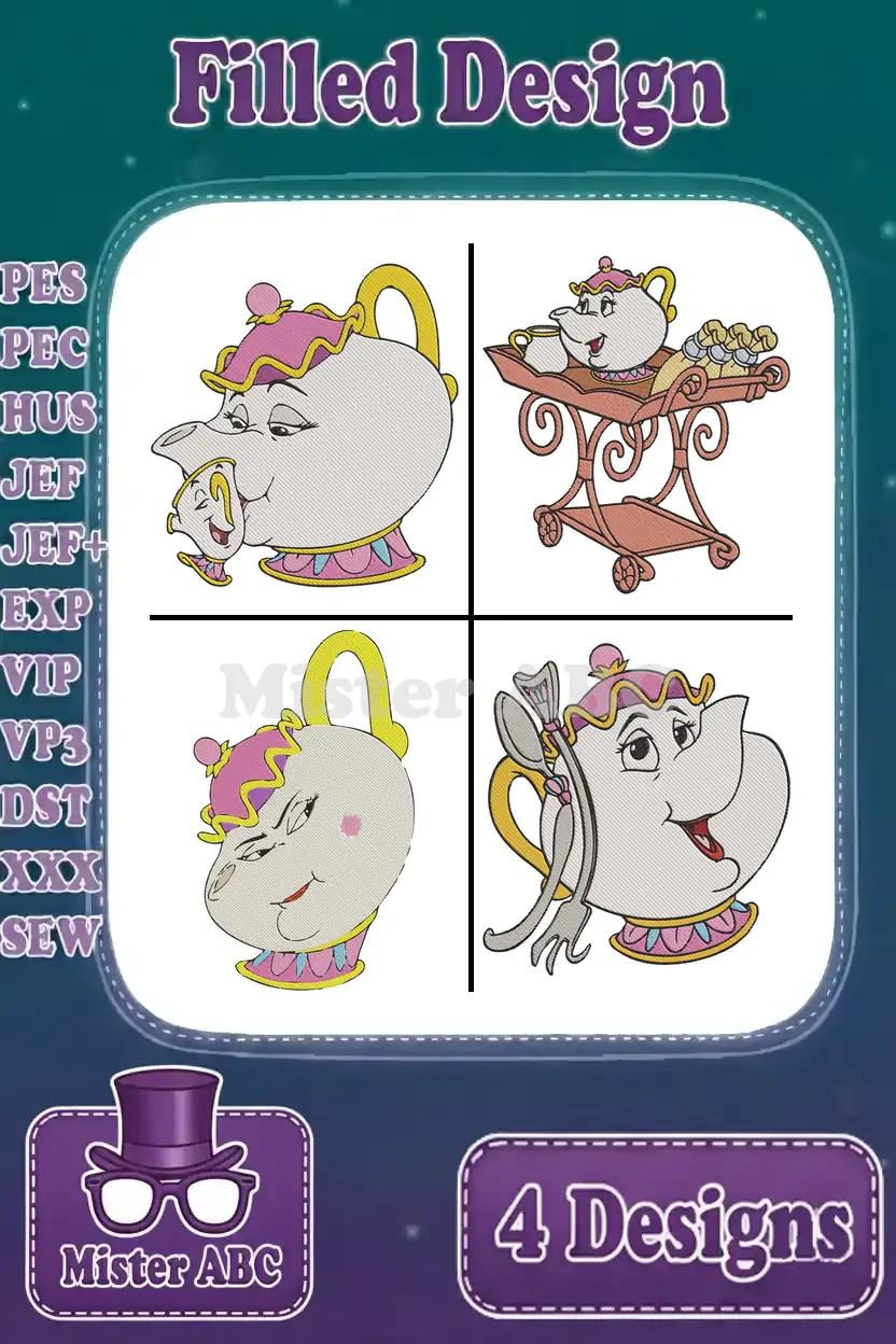 A vibrant collage showcasing four filled embroidery designs of Mrs. Potts and Chip, ready for various projects.