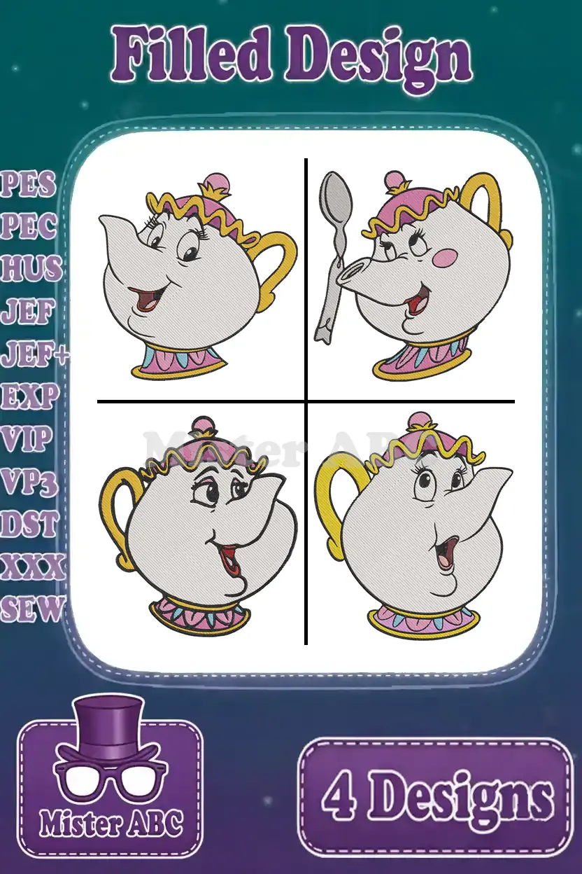 Four delightful filled embroidery designs of Mrs. Potts from Beauty and the Beast, showcasing her iconic expressions and a spoon.