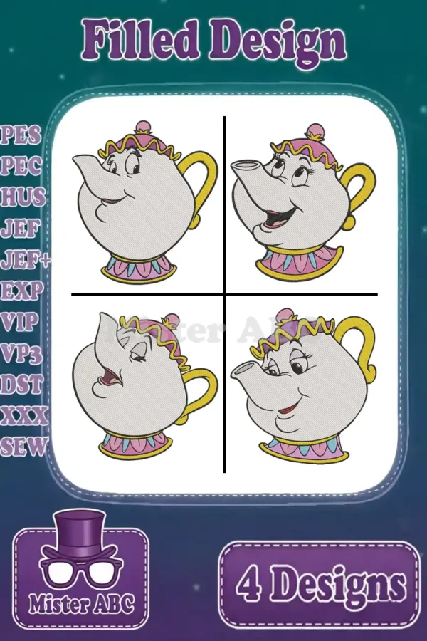 Four Mrs. Potts embroidery designs showcasing different charming expressions, ready for various sewing projects.
