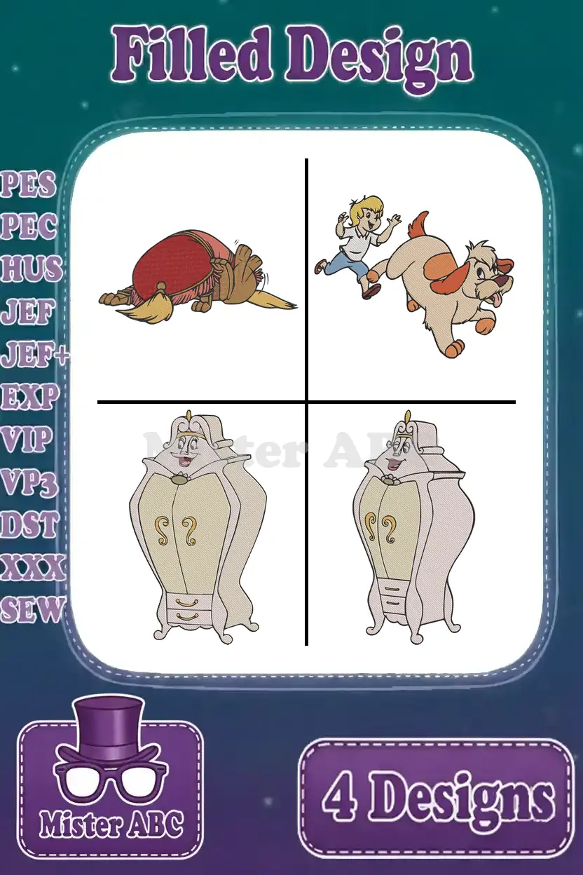 Main product image showing four vibrant filled embroidery designs: Mama Odie's hat, Michael and Nana, and two versions of Madame de Garderobe, ready for various machine formats.