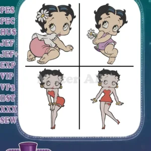 A collage of four vibrant Betty Boop filled embroidery designs, two as baby Betty and two as classic Betty.