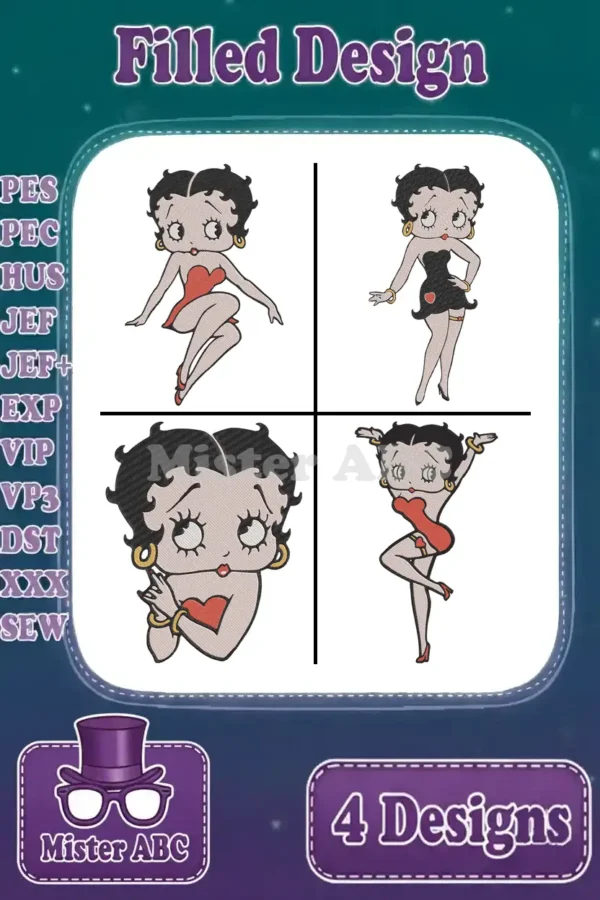 A vibrant display of four unique Betty Boop filled embroidery designs, showcasing various poses and classic charm.