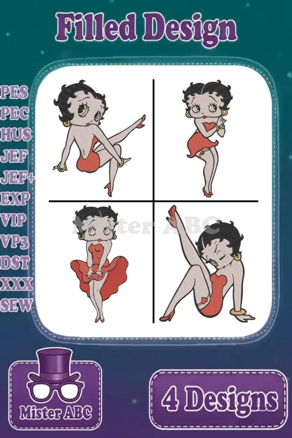A vibrant main image featuring a bundle of four distinct Betty Boop filled embroidery designs in various playful poses.