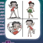 Betty Boop Christmas Outfit With Pudgy Dog And Romantic He Portrait - Filled Embroidery Design - Instant Download
